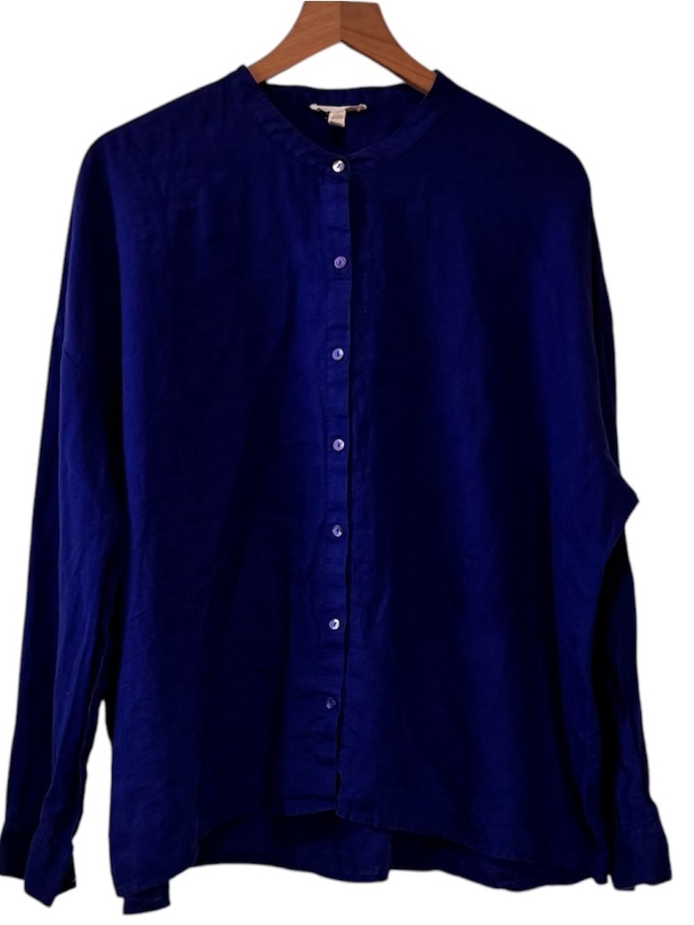 EILEEN FISHER Blue Organic Linen Long Sleeve Oversized Button Front Top